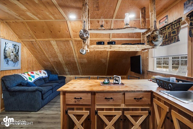 interior space featuring wooden walls, wood finished floors, and wooden ceiling