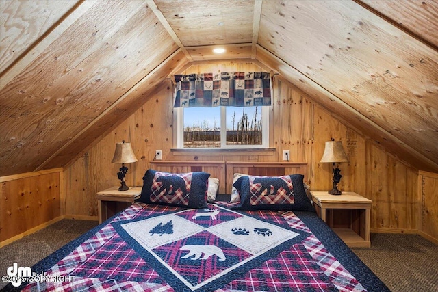 carpeted bedroom featuring lofted ceiling, wood walls, and wood ceiling