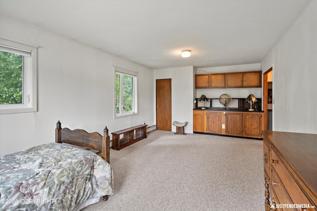 bedroom with carpet floors and a baseboard radiator