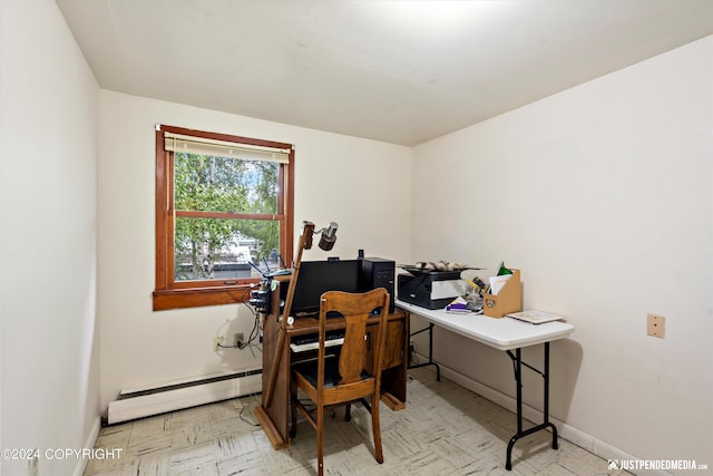 home office with baseboards, a baseboard radiator, and tile patterned floors