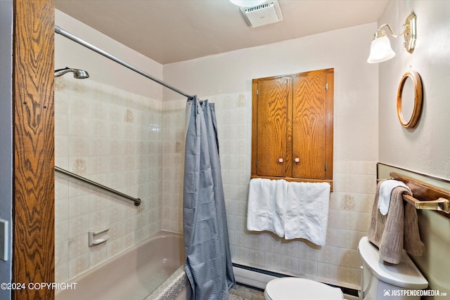 full bath featuring visible vents, toilet, tile walls, a baseboard radiator, and shower / bath combo