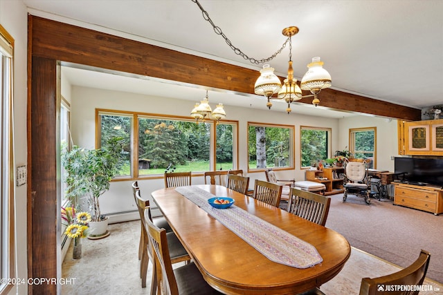dining room featuring baseboard heating, a notable chandelier, and beamed ceiling