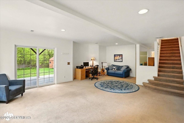19016 Mountain Point Cir, Eagle River, AK 99577 - living area featuring an office area, carpet flooring, stairway, and recessed lighting