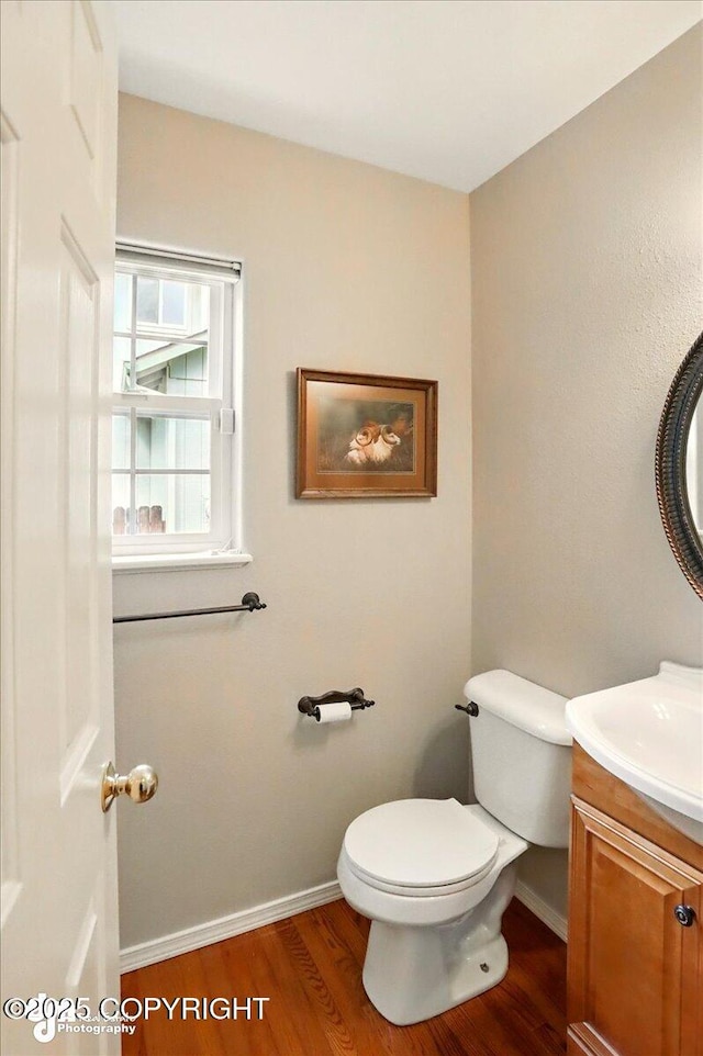 19016 Mountain Point Cir, Eagle River, AK 99577 - half bath with baseboards, wood finished floors, toilet, and vanity