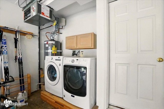 19016 Mountain Point Cir, Eagle River, AK 99577 - laundry room with washer and dryer, cabinet space, water heater, and a heating unit