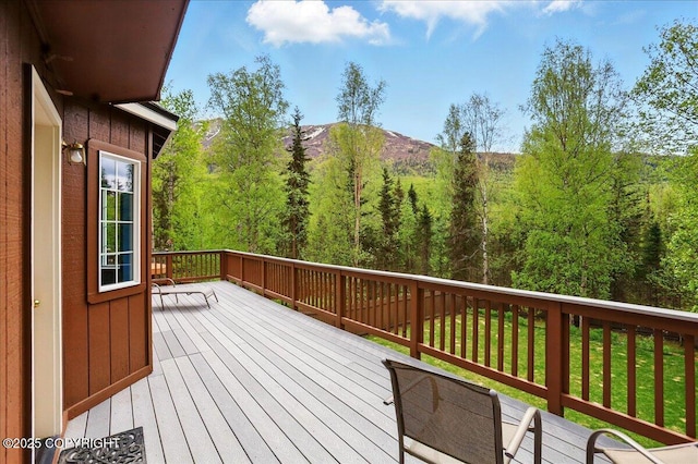 19016 Mountain Point Cir, Eagle River, AK 99577 - wooden terrace featuring a mountain view and a forest view