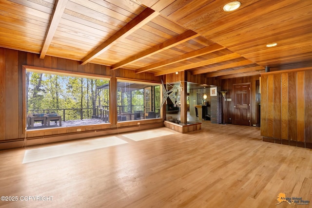 204 E 15th Ave, Anchorage, AK 99501 - unfurnished living room with wooden ceiling with exposed beams, wooden walls, and wood finished floors