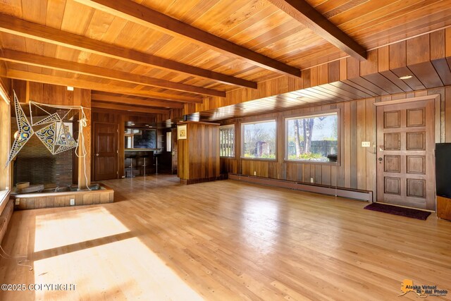 204 E 15th Ave, Anchorage, AK 99501 - unfurnished living room with baseboard heating, wood finished floors, wooden walls, and wooden ceiling with exposed beams