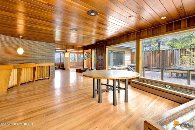 204 E 15th Ave, Anchorage, AK 99501 - dining space featuring wood ceiling, baseboard heating, light wood-style floors, and wooden walls