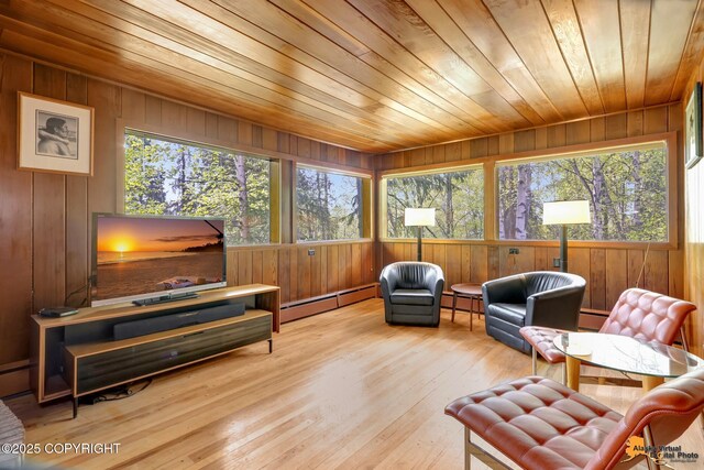 204 E 15th Ave, Anchorage, AK 99501 - sitting room featuring a baseboard radiator, healthy amount of natural light, wooden ceiling, wooden walls, and hardwood / wood-style flooring