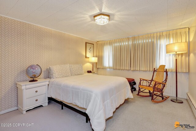 204 E 15th Ave, Anchorage, AK 99501 - carpeted bedroom featuring baseboard heating, baseboards, and ornamental molding