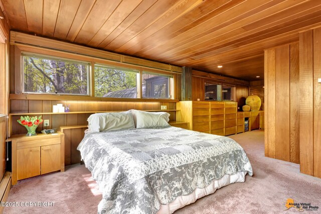 204 E 15th Ave, Anchorage, AK 99501 - bedroom with carpet flooring, wooden ceiling, wood walls, and a baseboard heating unit