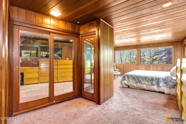 204 E 15th Ave, Anchorage, AK 99501 - bedroom with wood ceiling, carpet, wooden walls, and access to outside