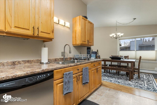 4801 Carousel Cir, Anchorage, AK 99502 - kitchen featuring stainless steel dishwasher, pendant lighting, a sink, and a chandelier