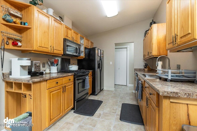 4801 Carousel Cir, Anchorage, AK 99502 - kitchen with open shelves, appliances with stainless steel finishes, a sink, lofted ceiling, and baseboards