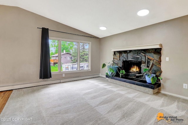 8400 E 11th Ct, Anchorage, AK 99504 - unfurnished living room with lofted ceiling, baseboard heating, baseboards, a fireplace, and carpet