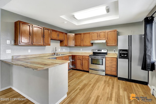 8400 E 11th Ct, Anchorage, AK 99504 - kitchen featuring appliances with stainless steel finishes, a sink, a peninsula, light countertops, and light wood-style floors