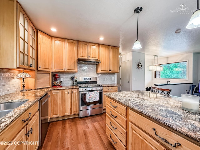 6934 Inlet Vista Dr, Wasilla, AK 99623 - kitchen featuring appliances with stainless steel finishes, light wood-style floors, under cabinet range hood, light stone counters, and glass insert cabinets