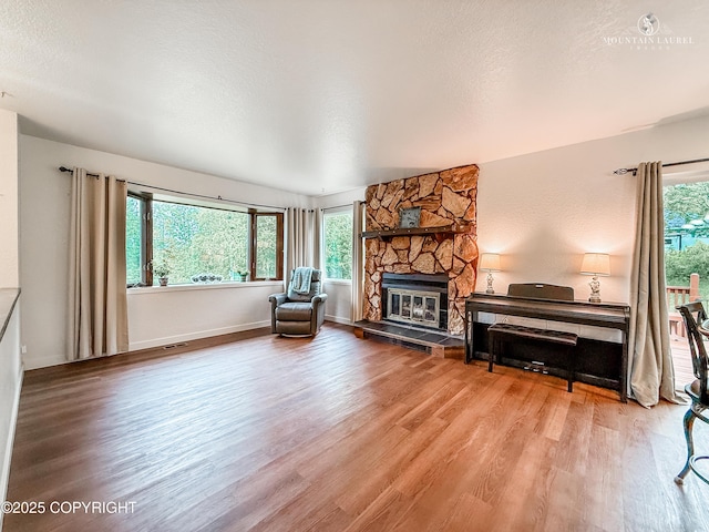 6934 Inlet Vista Dr, Wasilla, AK 99623 - living room with wood finished floors, a fireplace, and a textured ceiling