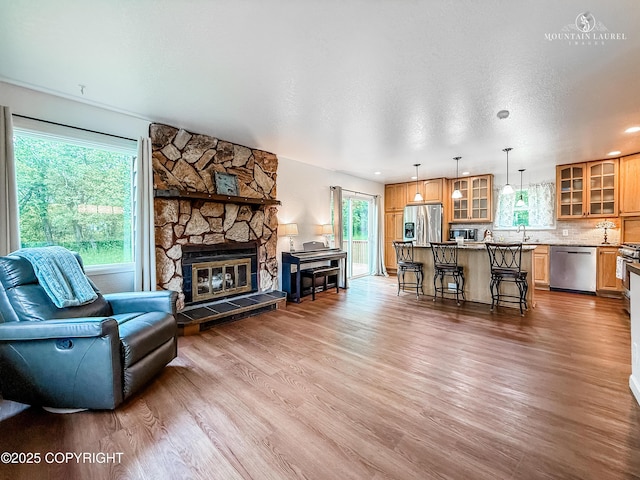 6934 Inlet Vista Dr, Wasilla, AK 99623 - living room with wood finished floors, a fireplace, and recessed lighting