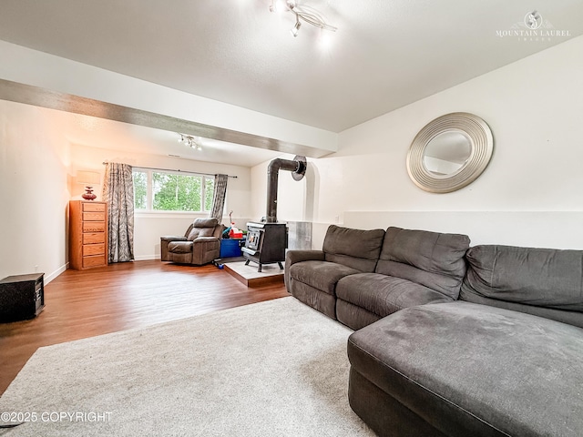 6934 Inlet Vista Dr, Wasilla, AK 99623 - living room featuring a wood stove and wood finished floors