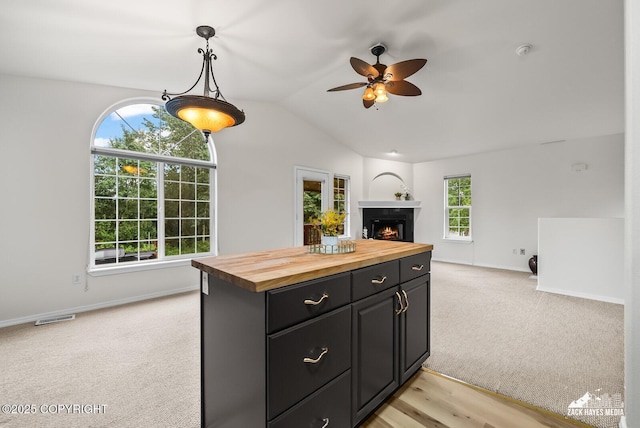 2578 Glacier St # 8, Anchorage, AK 99508 - kitchen with butcher block countertops, open floor plan, a ceiling fan, vaulted ceiling, and dark cabinetry