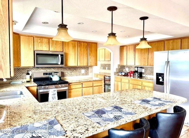 19440 Timberline Dr, Eagle River, AK 99577 - kitchen with a tray ceiling, appliances with stainless steel finishes, light stone countertops, and a peninsula