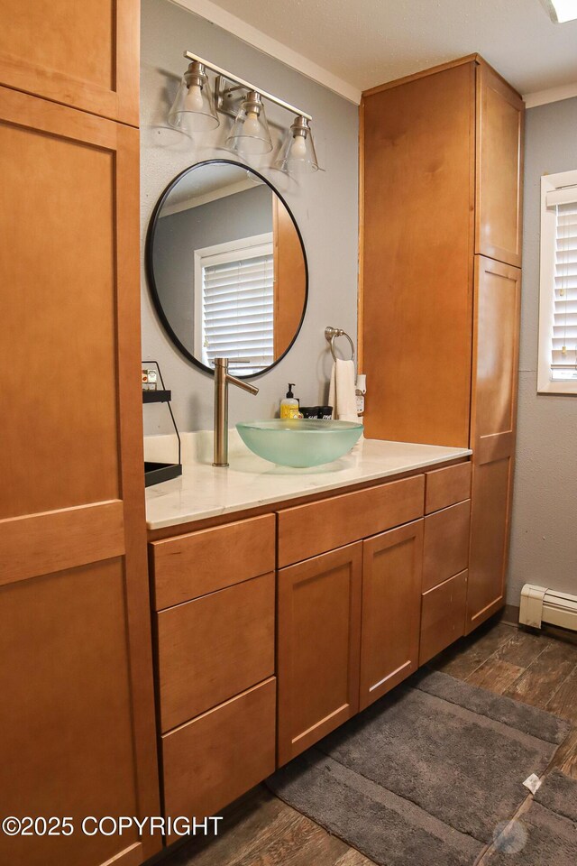 1468 Davison Rd, North Pole, AK 99705 - bathroom featuring crown molding, vanity, and wood finished floors