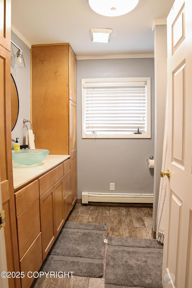 1468 Davison Rd, North Pole, AK 99705 - bathroom with a baseboard heating unit, baseboards, vanity, and ornamental molding