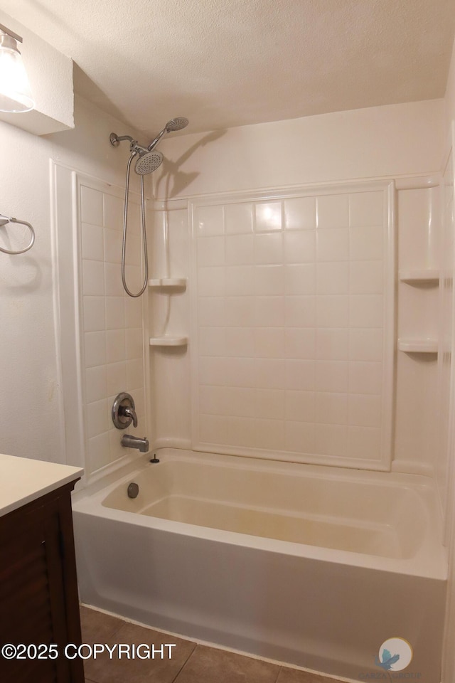 1468 Davison Rd, North Pole, AK 99705 - bathroom featuring shower / tub combination, vanity, tile patterned flooring, and a textured ceiling