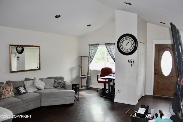 435 N Chugach St, Palmer, AK 99645 - living area featuring lofted ceiling, a desk, and recessed lighting
