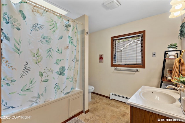 19111 Sarichef Loop, Eagle River, AK 99577 - full bathroom with a baseboard radiator, vanity, and shower / bath combination with curtain