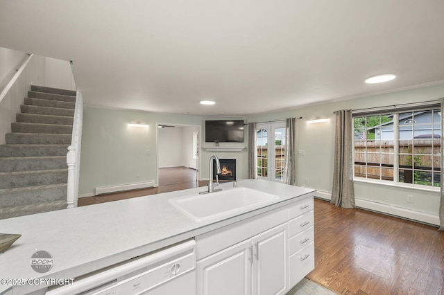 16627 River Heights Loop, Eagle River, AK 99577 - kitchen with a sink, white dishwasher, a warm lit fireplace, white cabinets, and light countertops