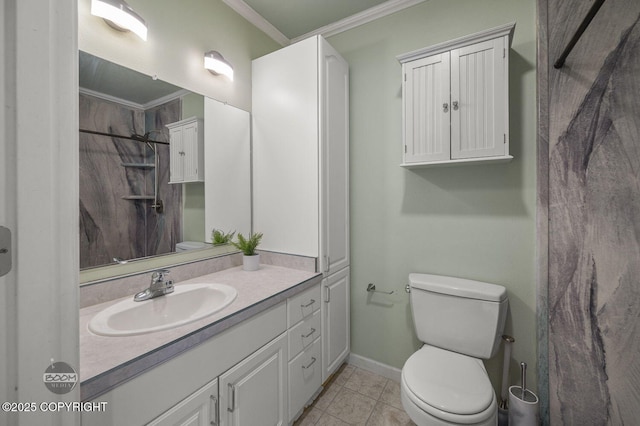 16627 River Heights Loop, Eagle River, AK 99577 - bathroom featuring toilet, ornamental molding, vanity, tile patterned flooring, and a shower