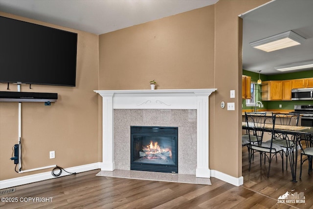8041 Northwind Ave, Anchorage, AK 99504 - living area featuring wood finished floors, baseboards, and a fireplace with flush hearth
