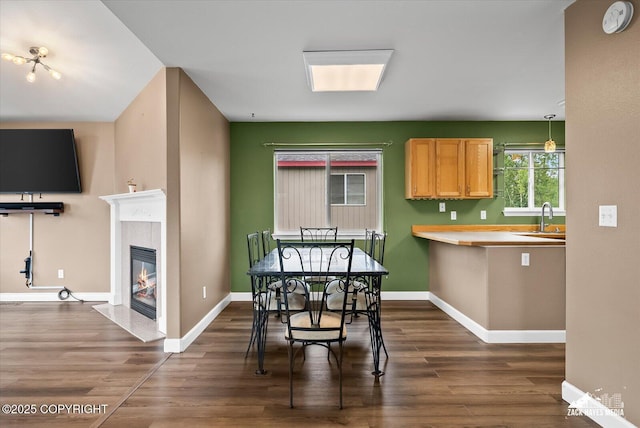 8041 Northwind Ave, Anchorage, AK 99504 - dining room featuring dark wood-style floors, baseboards, and a fireplace with flush hearth