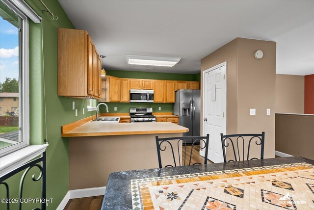 8041 Northwind Ave, Anchorage, AK 99504 - kitchen featuring stainless steel appliances, a sink, dark wood-style flooring, a peninsula, and light countertops