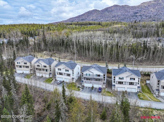 aerial perspective of suburban area featuring a heavily wooded area and mountains