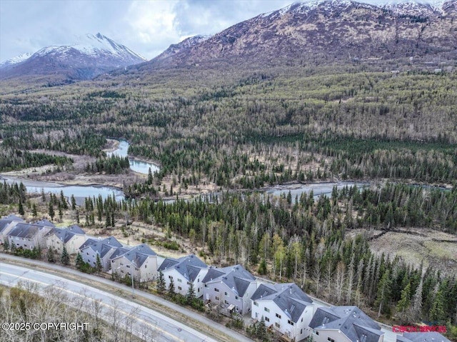 aerial view of residential area featuring a forest and a water and mountain view