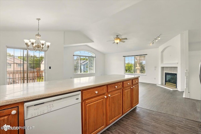 2308 Casey Cusack Loop, Anchorage, AK 99515 - kitchen featuring white dishwasher, a ceiling fan, open floor plan, a chandelier, and vaulted ceiling