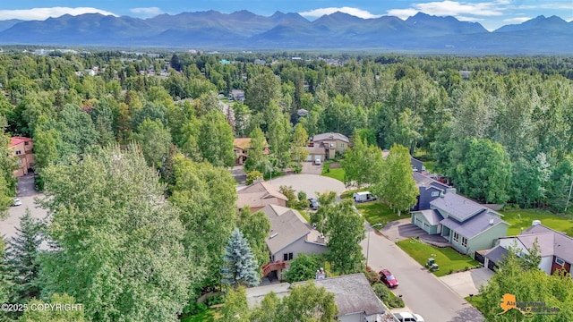 birds eye view of property featuring a residential view, a mountain view, and a forest view