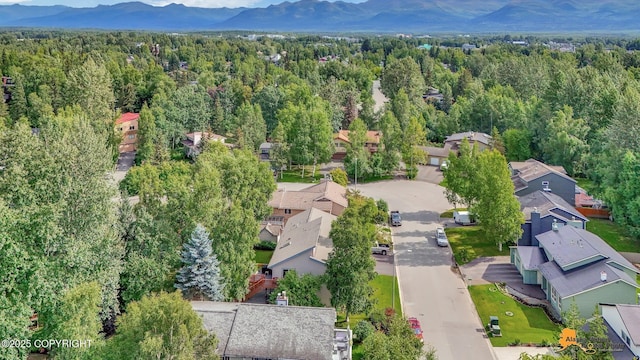 birds eye view of property with a residential view, a mountain view, and a forest view