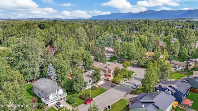 birds eye view of property with a forest view, a residential view, and a mountain view