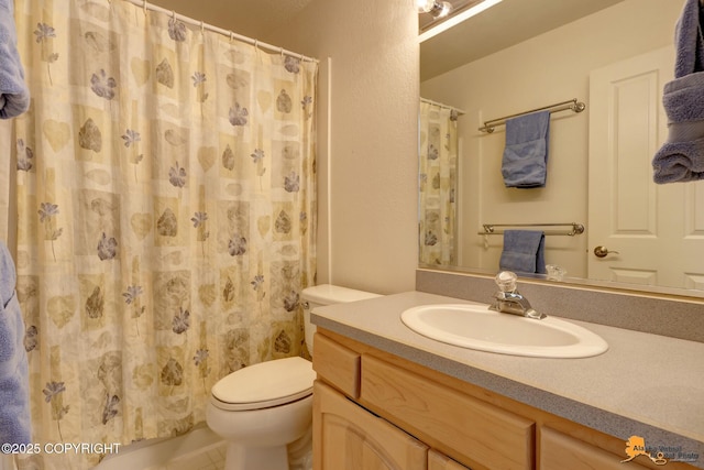 full bath featuring toilet, a shower with curtain, tile patterned flooring, and vanity