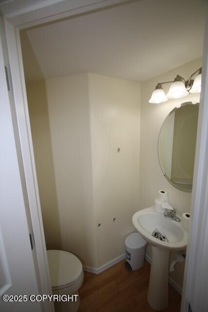 bathroom featuring wood finished floors, toilet, a sink, and baseboards