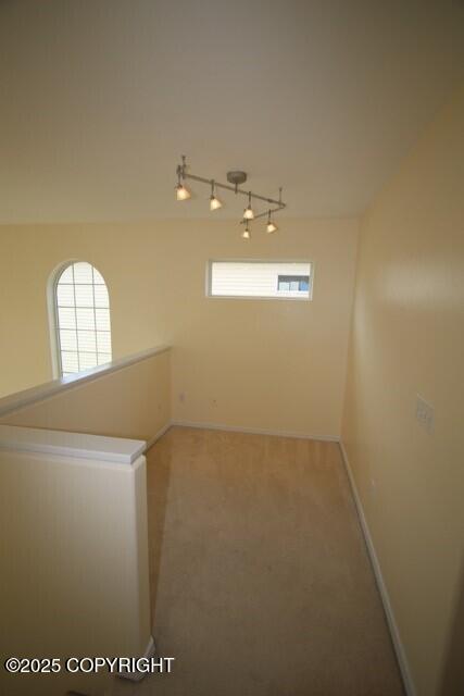 empty room with rail lighting, baseboards, and light carpet