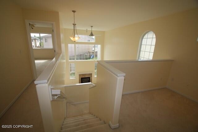 stairway with baseboards, plenty of natural light, and carpet flooring