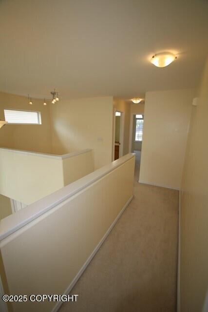 hall with an upstairs landing, light carpet, and plenty of natural light