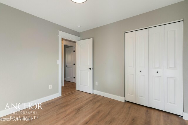 unfurnished bedroom with baseboards, wood finished floors, and a closet