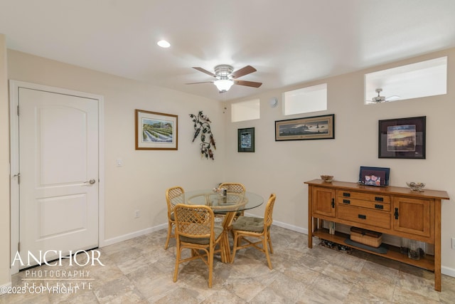 dining space with baseboards, recessed lighting, and a ceiling fan